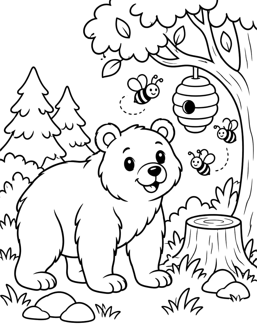 Line art of a bear standing near a beehive in a forest clearing