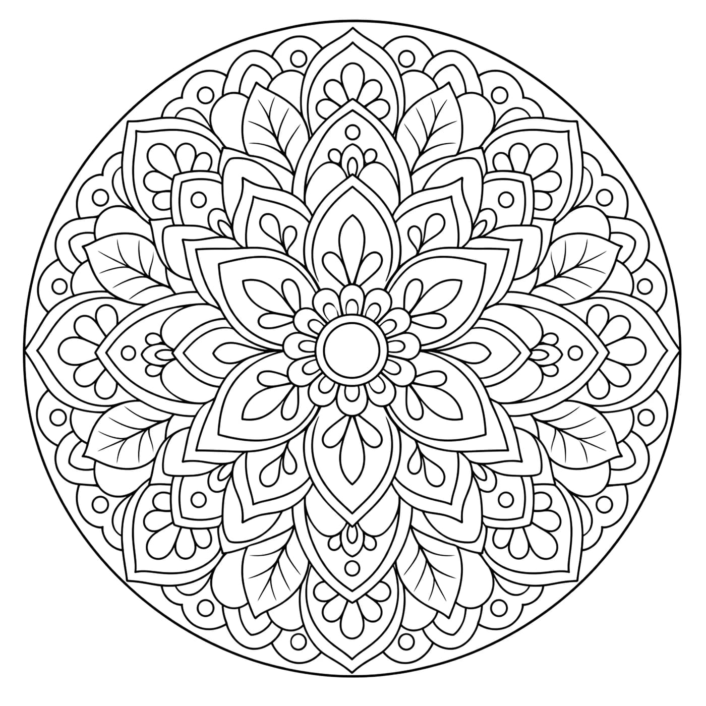 Line art of an intricate floral mandala with layered petals