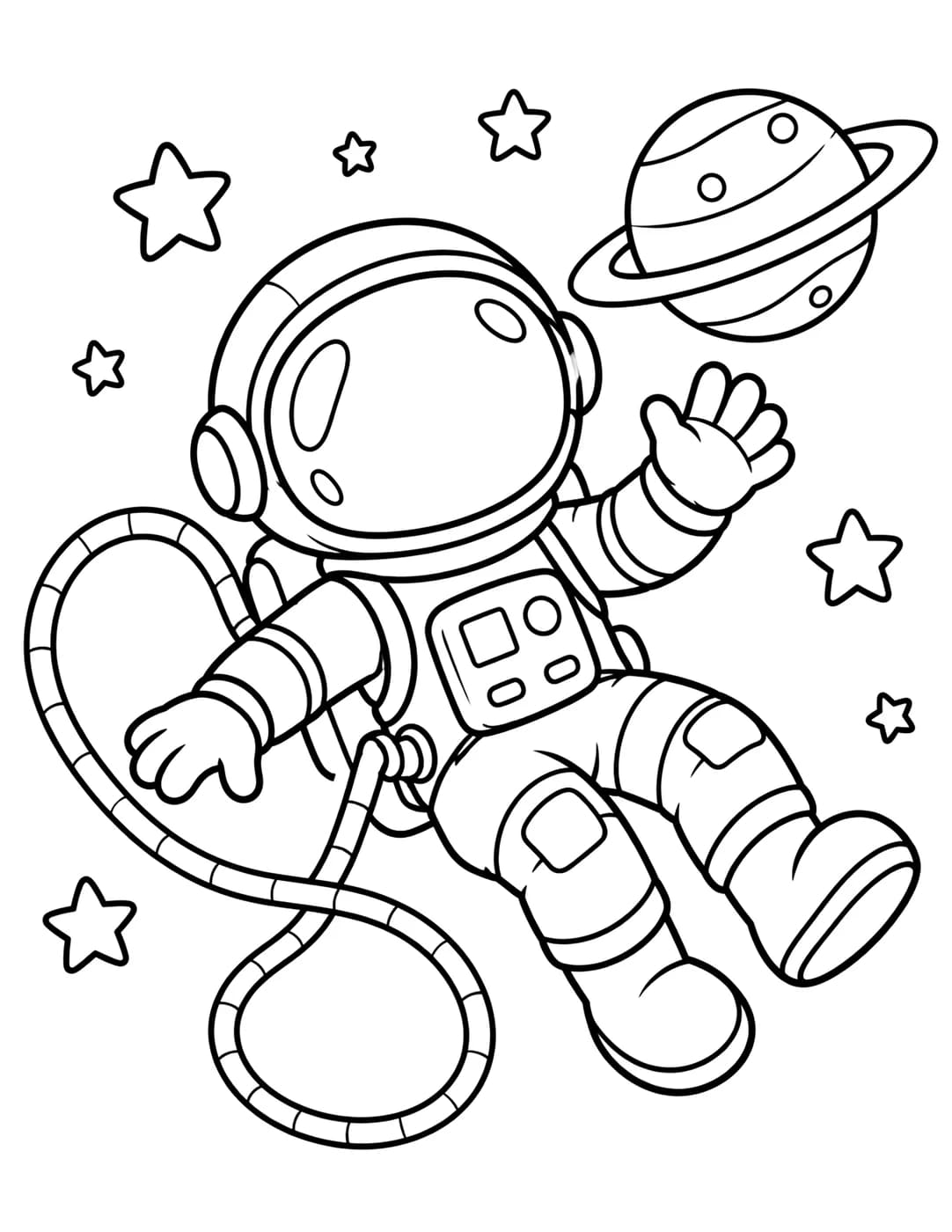 Line art of an astronaut floating among stars and a ringed planet
