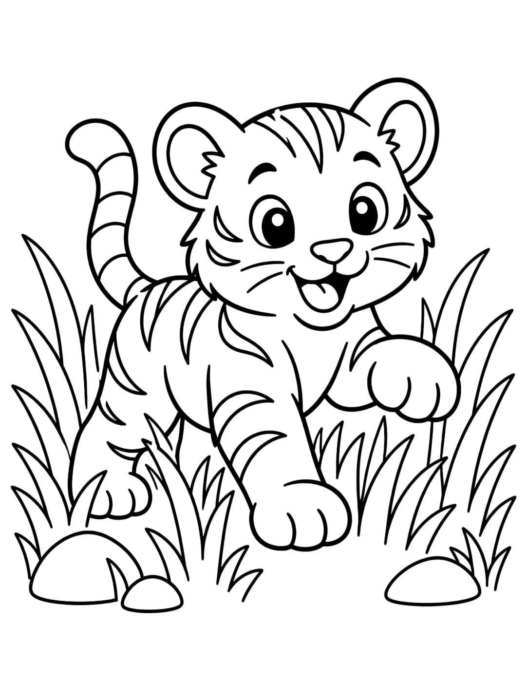 Line art of a baby tiger cub playing in the grass