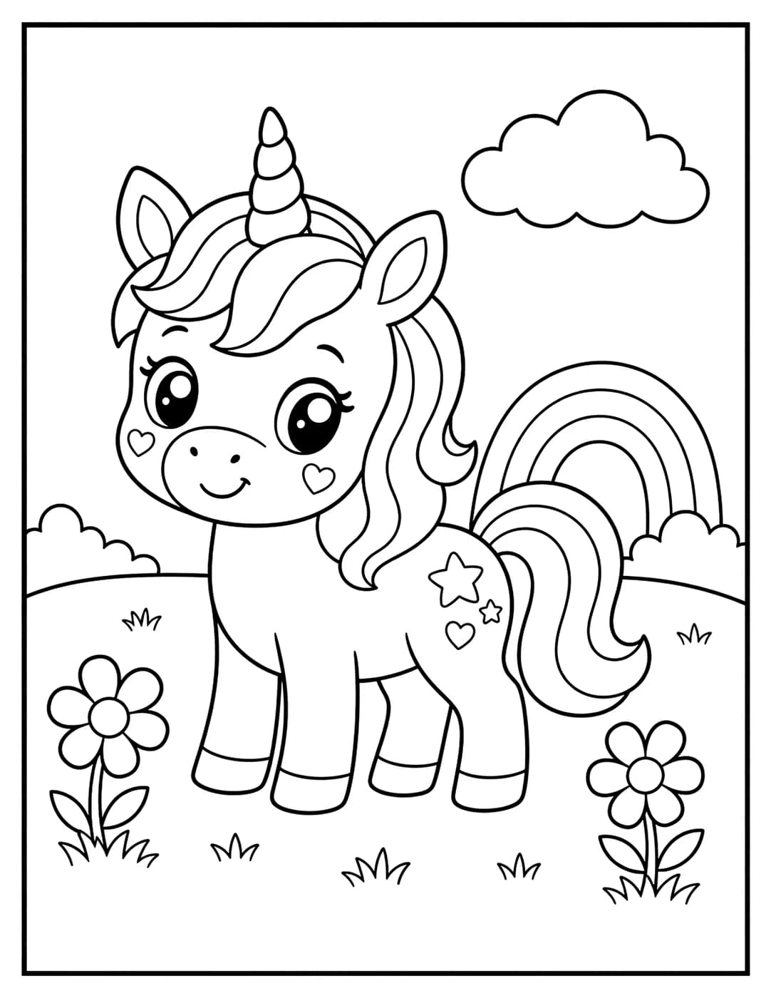 Line art of a baby unicorn with a flowing rainbow mane