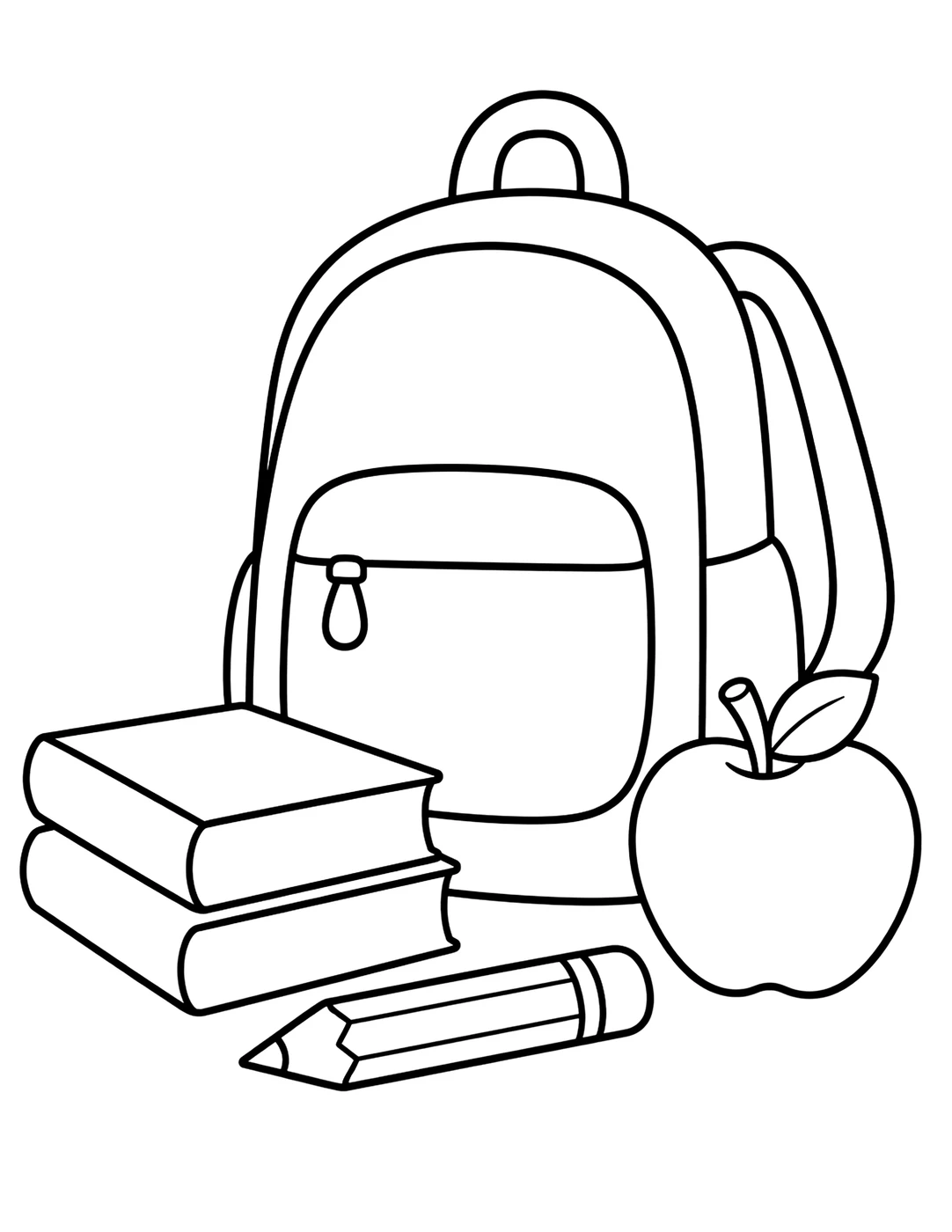 Line art of a school backpack with books, a pencil, and an apple