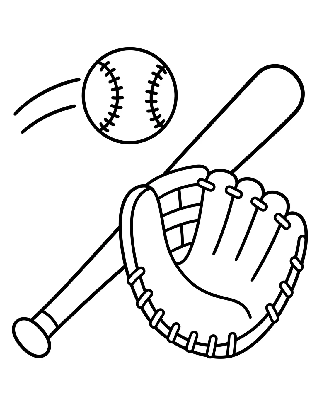 Line art of a baseball flying past a bat and glove