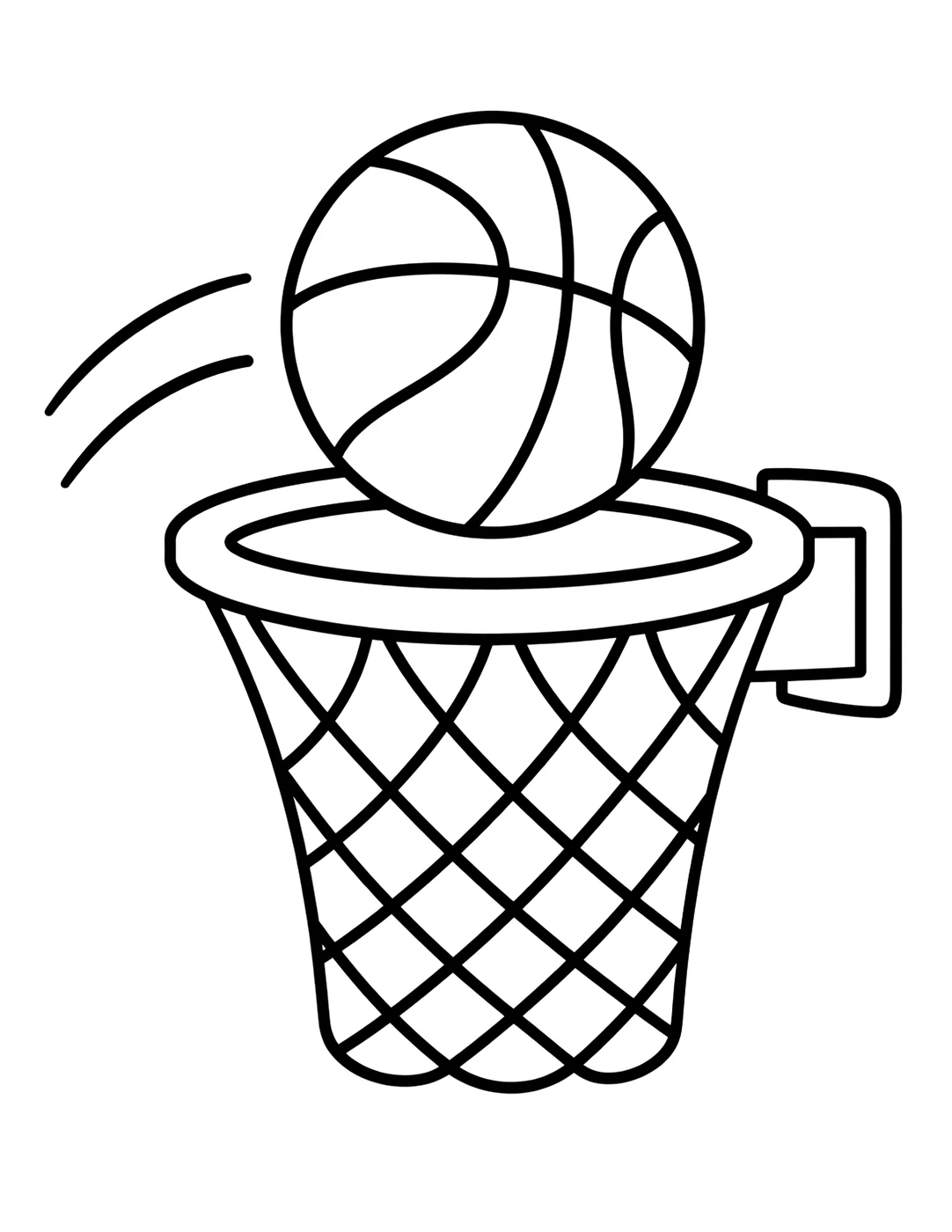 Line art of a basketball flying through a hoop and net