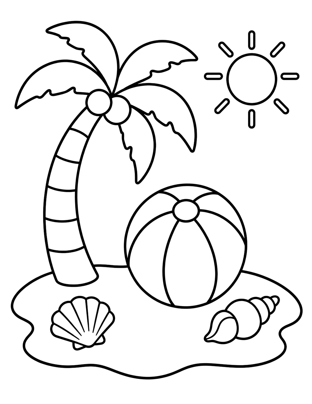 Line art of a beach ball and a palm tree on a sandy shore