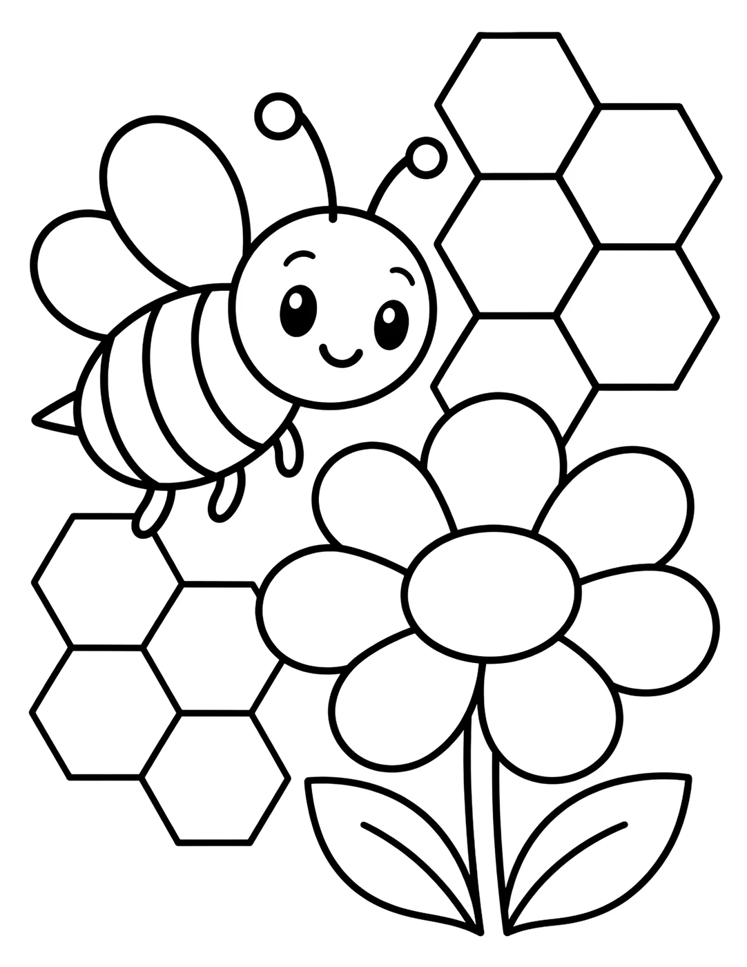 Line art of a bee flying near a flower with a honeycomb nearby