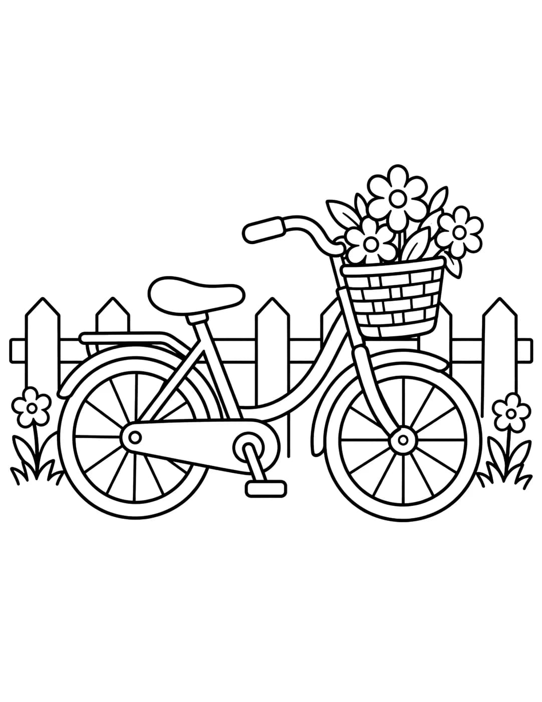 Line art of a bicycle with a flower basket on the handlebars