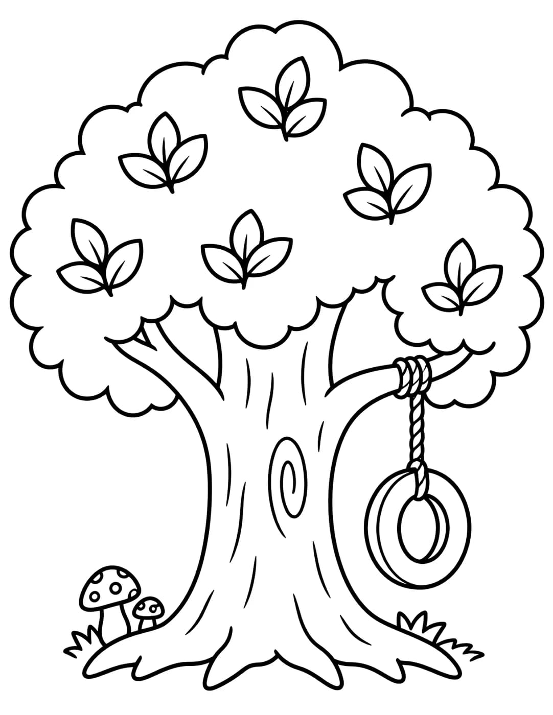 Line art of a big tree with a tire swing hanging from a branch