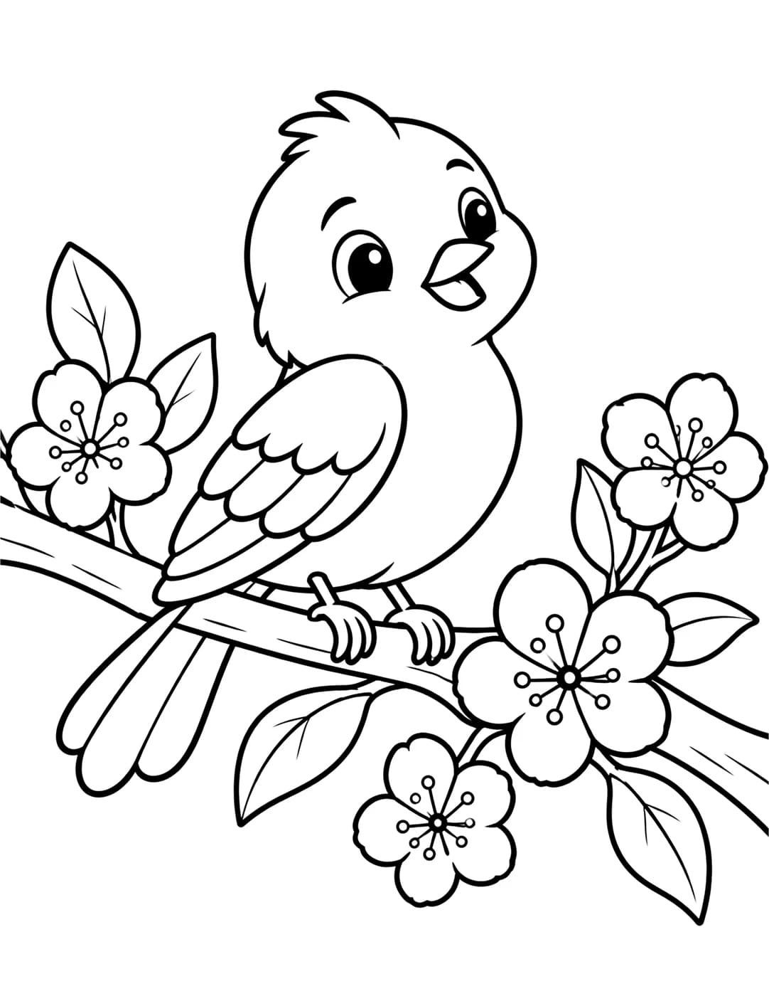 Line art of a small bird perched on a blossoming tree branch
