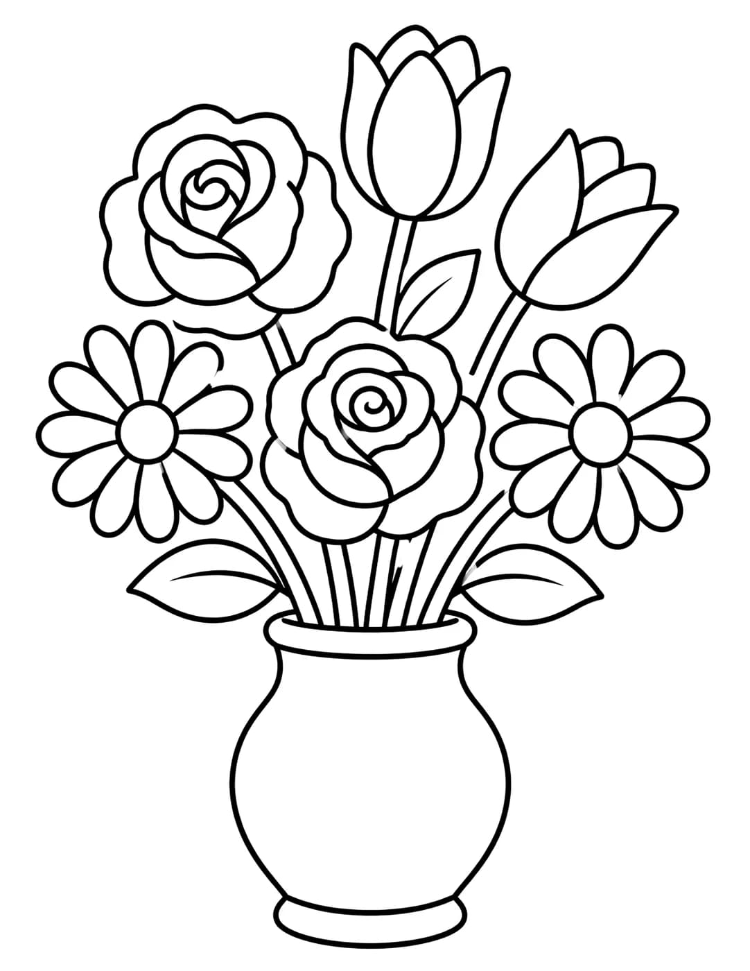 Line art of a bouquet of garden flowers — roses, daisies, and tulips — in a simple vase