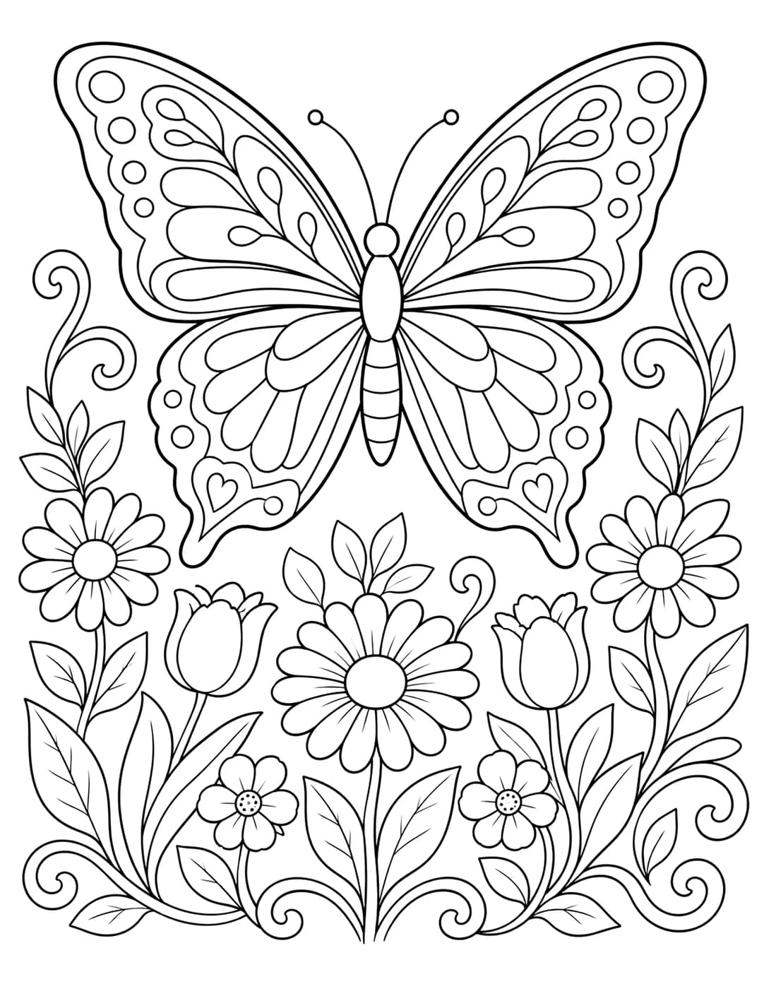 Line art of a patterned butterfly surrounded by tulips and daisies