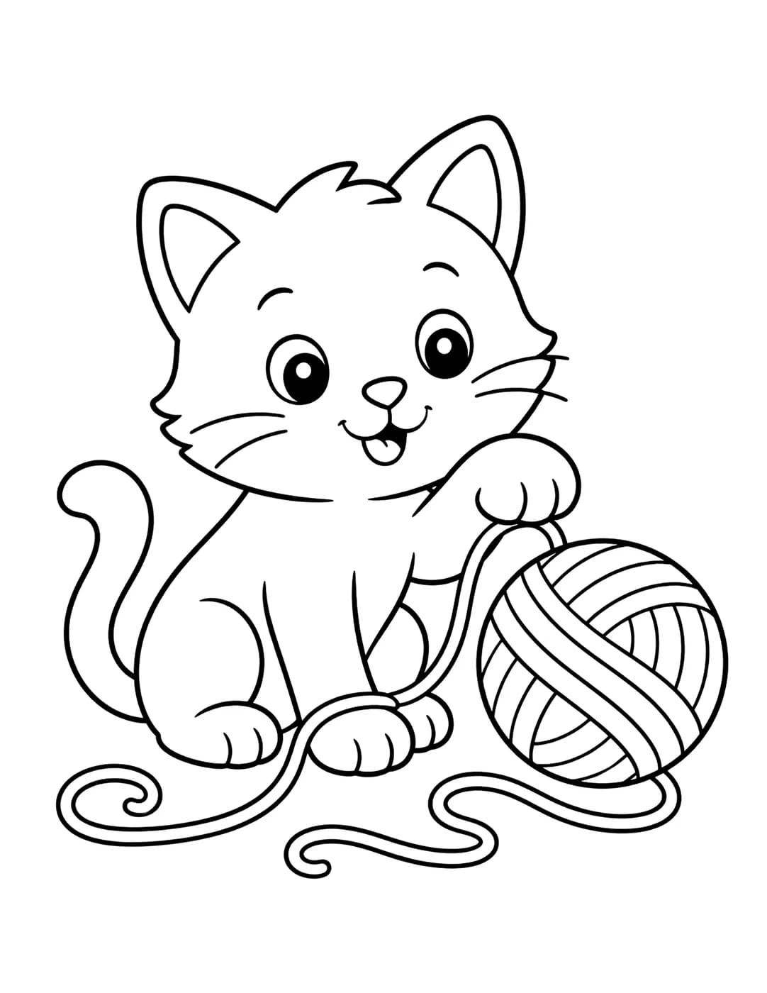 Line art of a cat playing with a ball of yarn, partly unraveled around its paws