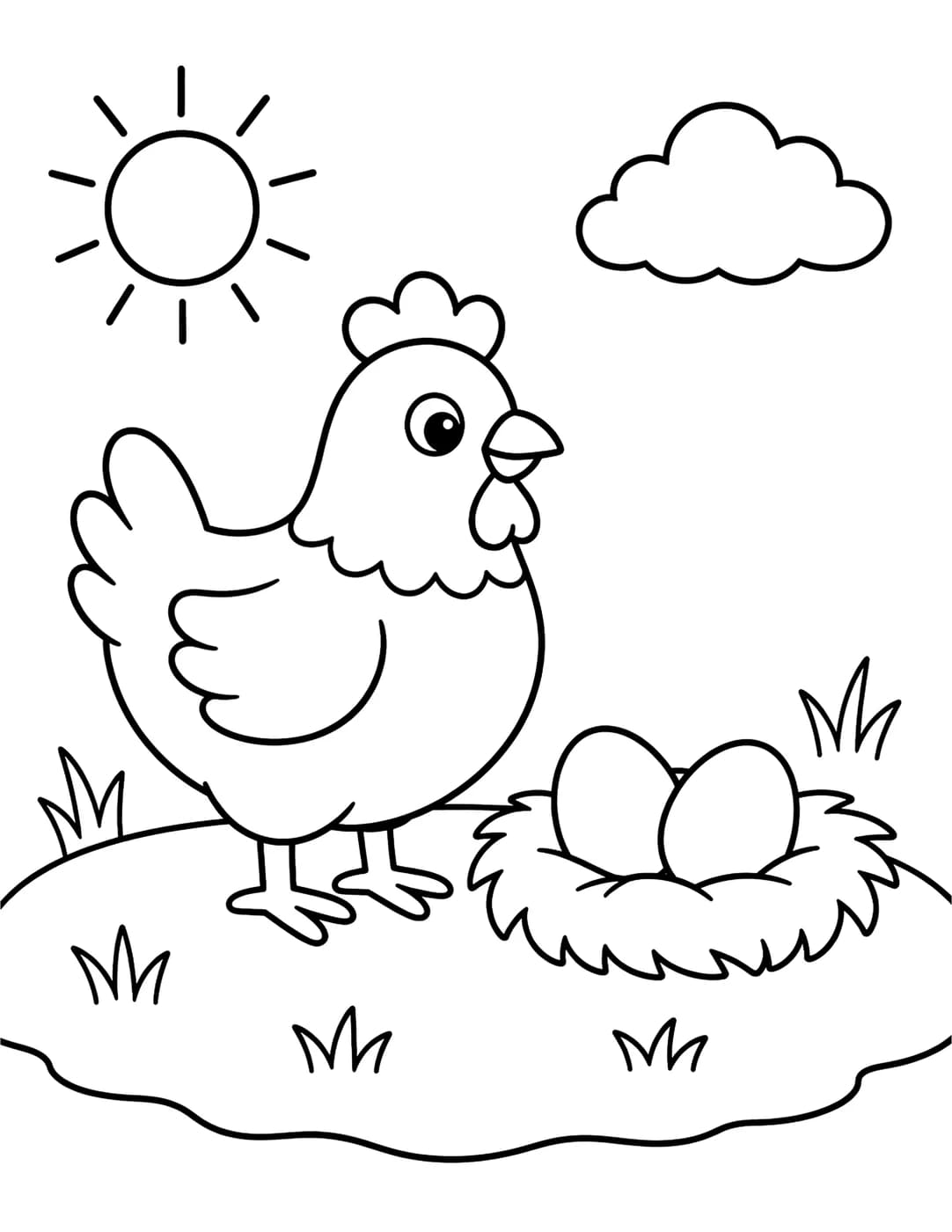 Line art of a chicken standing near a nest of eggs in a grassy yard