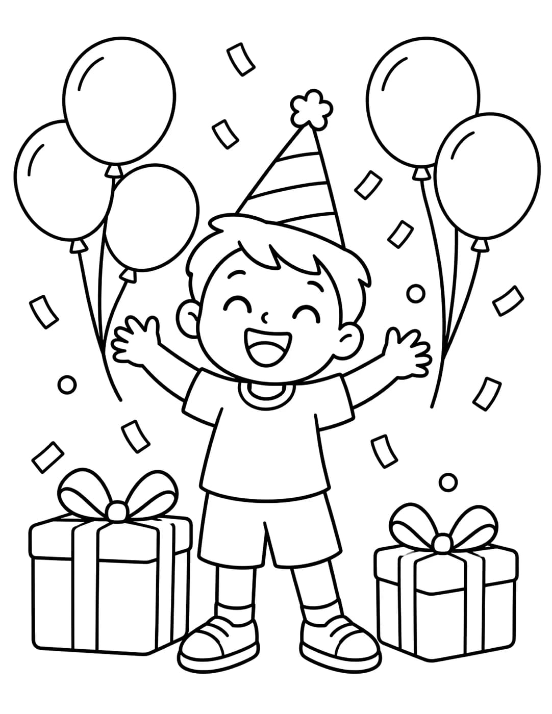 Line art of a child with balloons and gift boxes at a birthday party