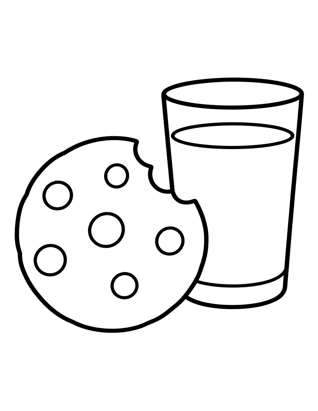 Line art of a chocolate chip cookie with a glass of milk
