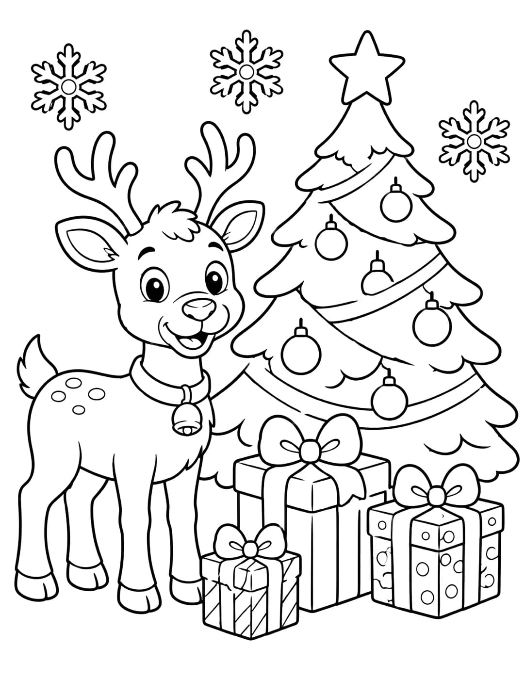 Line art of a reindeer with a Christmas tree and wrapped gifts
