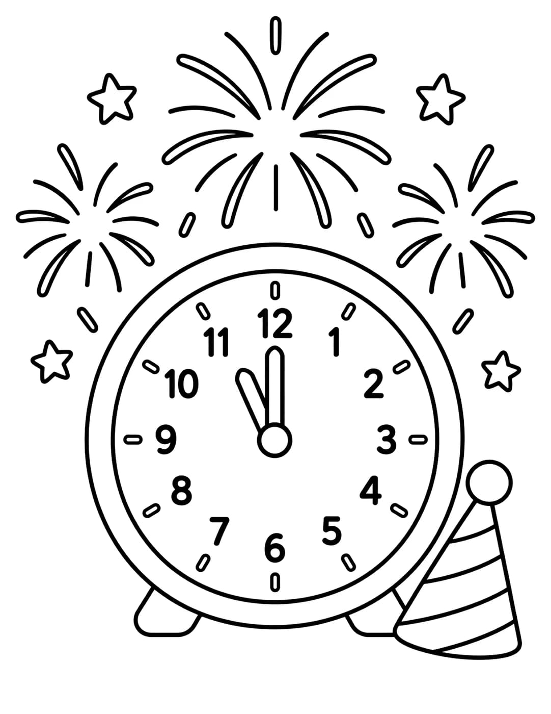 Line art of a clock striking midnight with fireworks in the sky