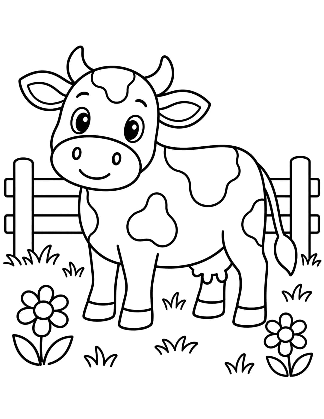 Line art of a cow standing in a grassy pasture
