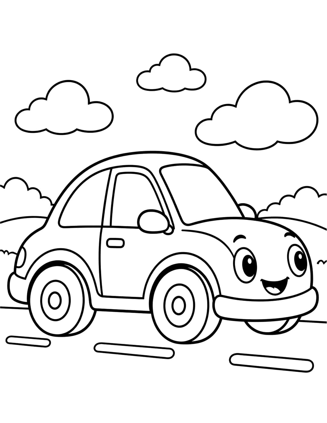 Line art of a friendly cartoon car driving along a road