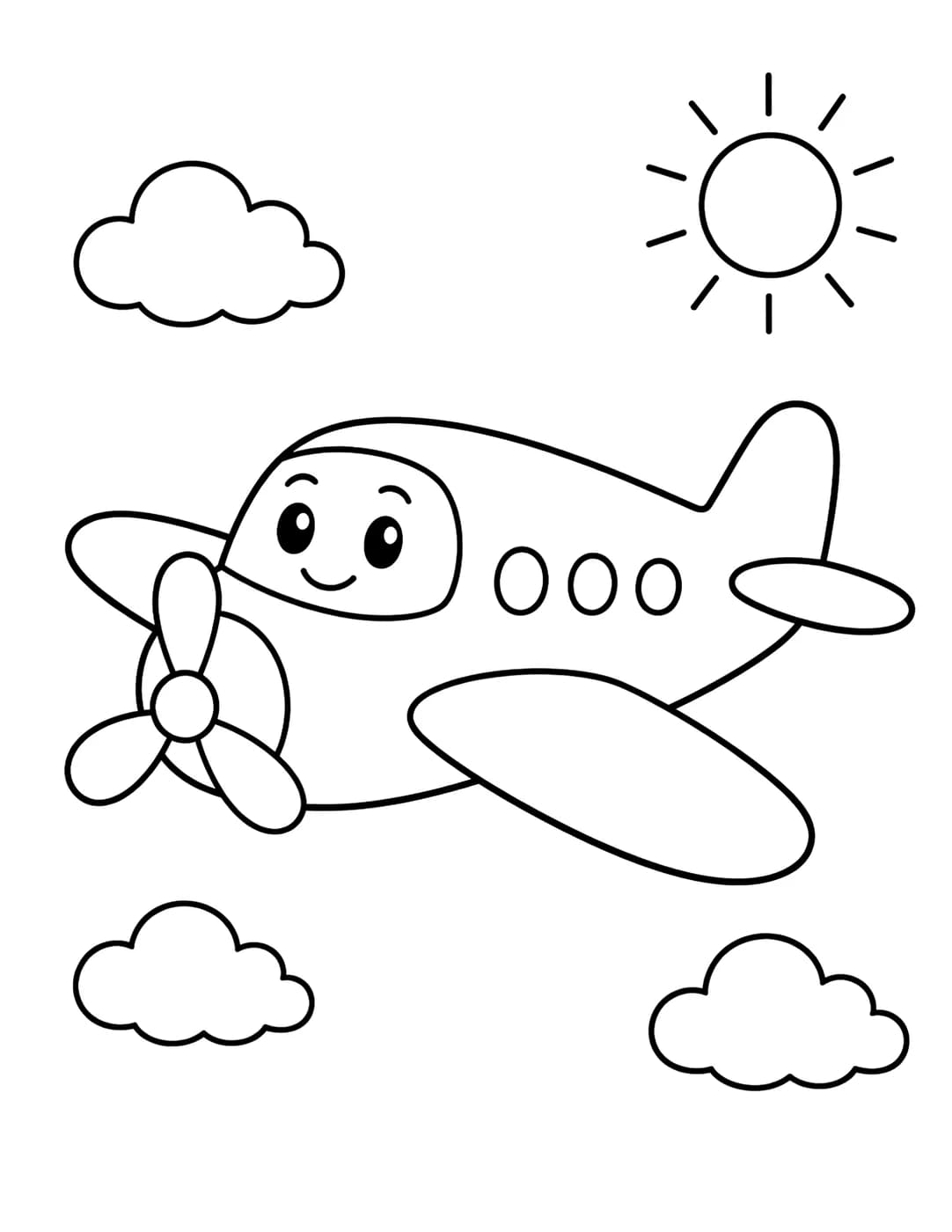 Line art of a cartoon propeller airplane flying among clouds