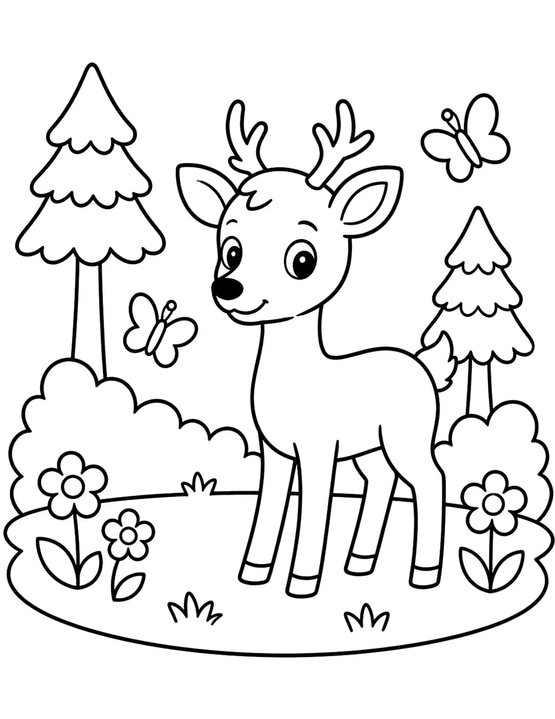 Line art of a deer standing in a forest clearing with butterflies nearby