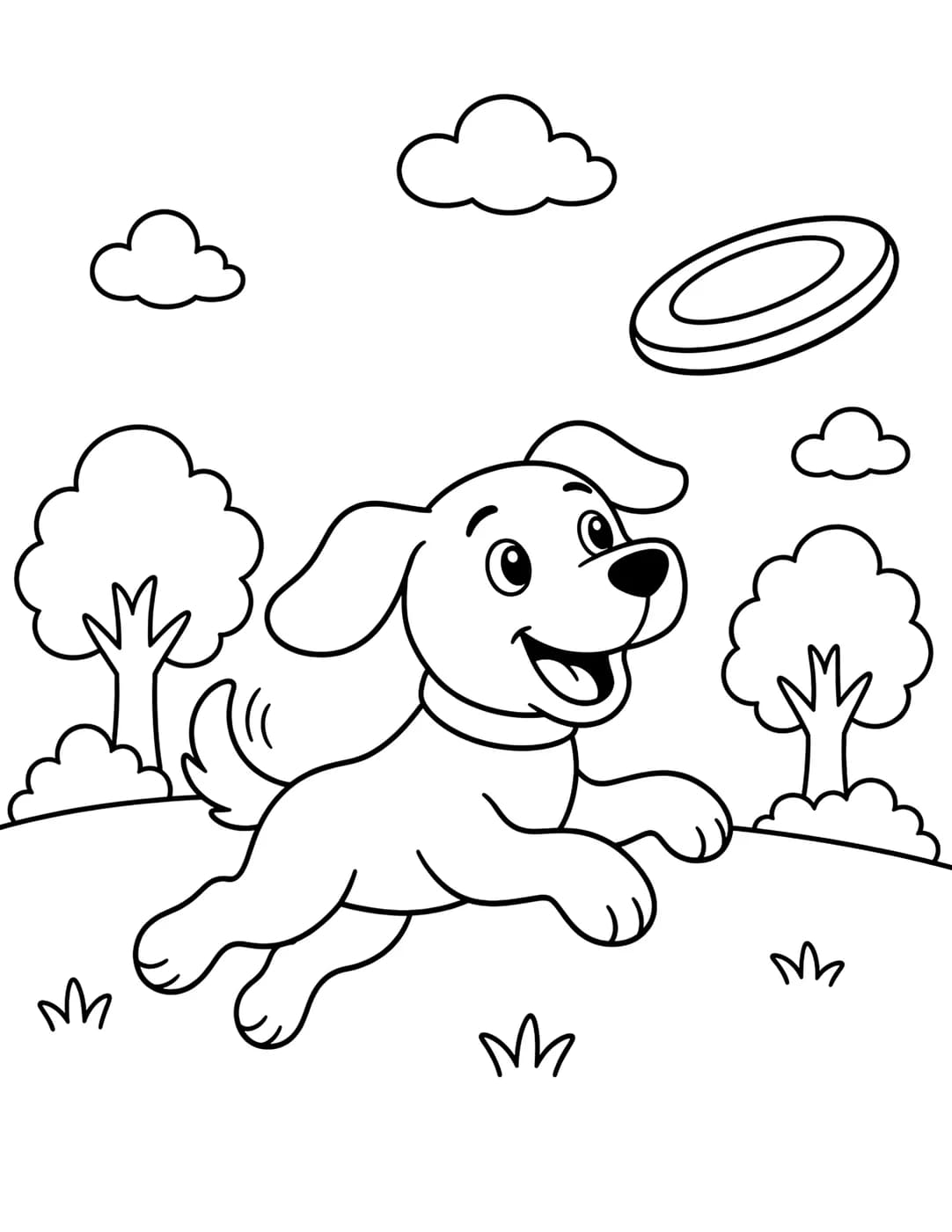 Line art of a dog running through a park chasing a flying disc