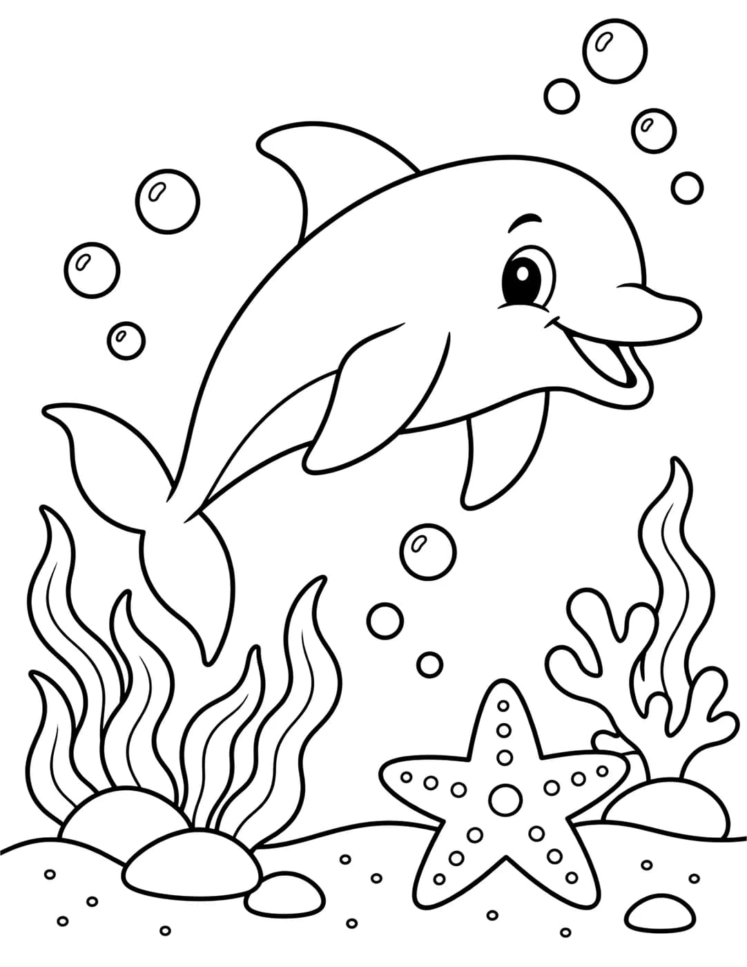 Line art of a dolphin swimming above a starfish and seaweed on the ocean floor