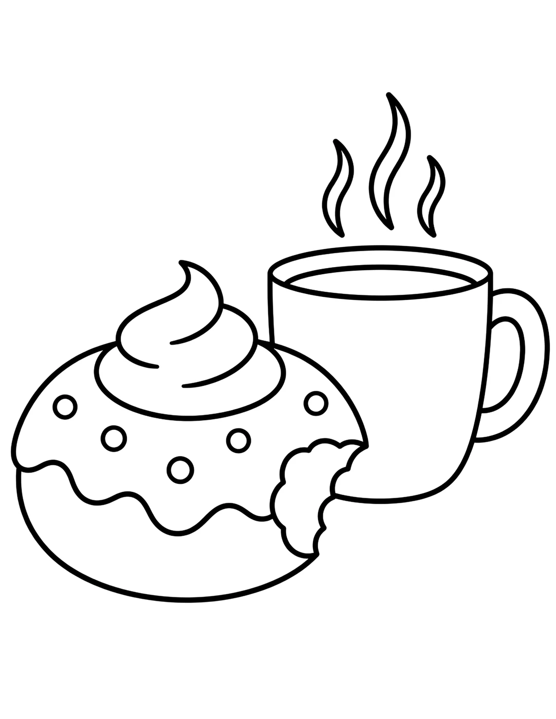 Line art of a donut with sprinkles next to a cup of coffee