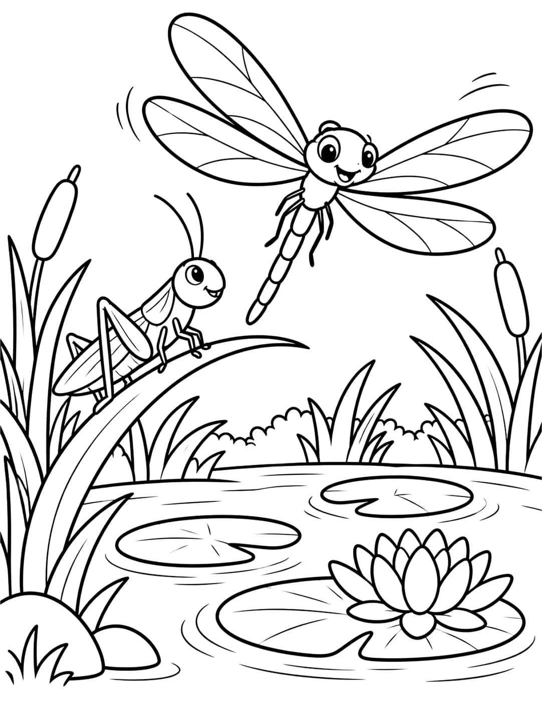 Line art of a dragonfly hovering over a pond with a grasshopper on a blade of grass