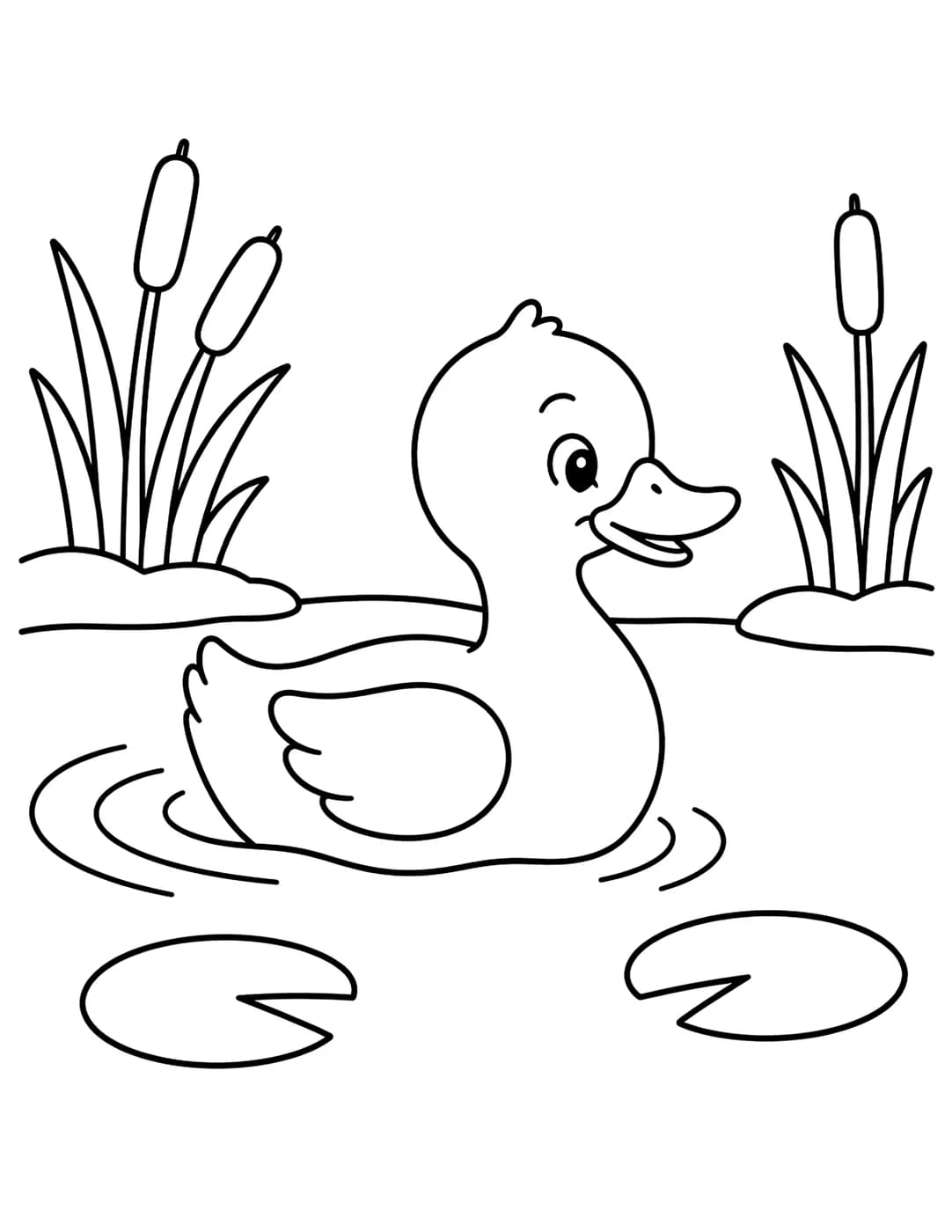 Line art of a duck swimming across a calm pond with lily pads nearby