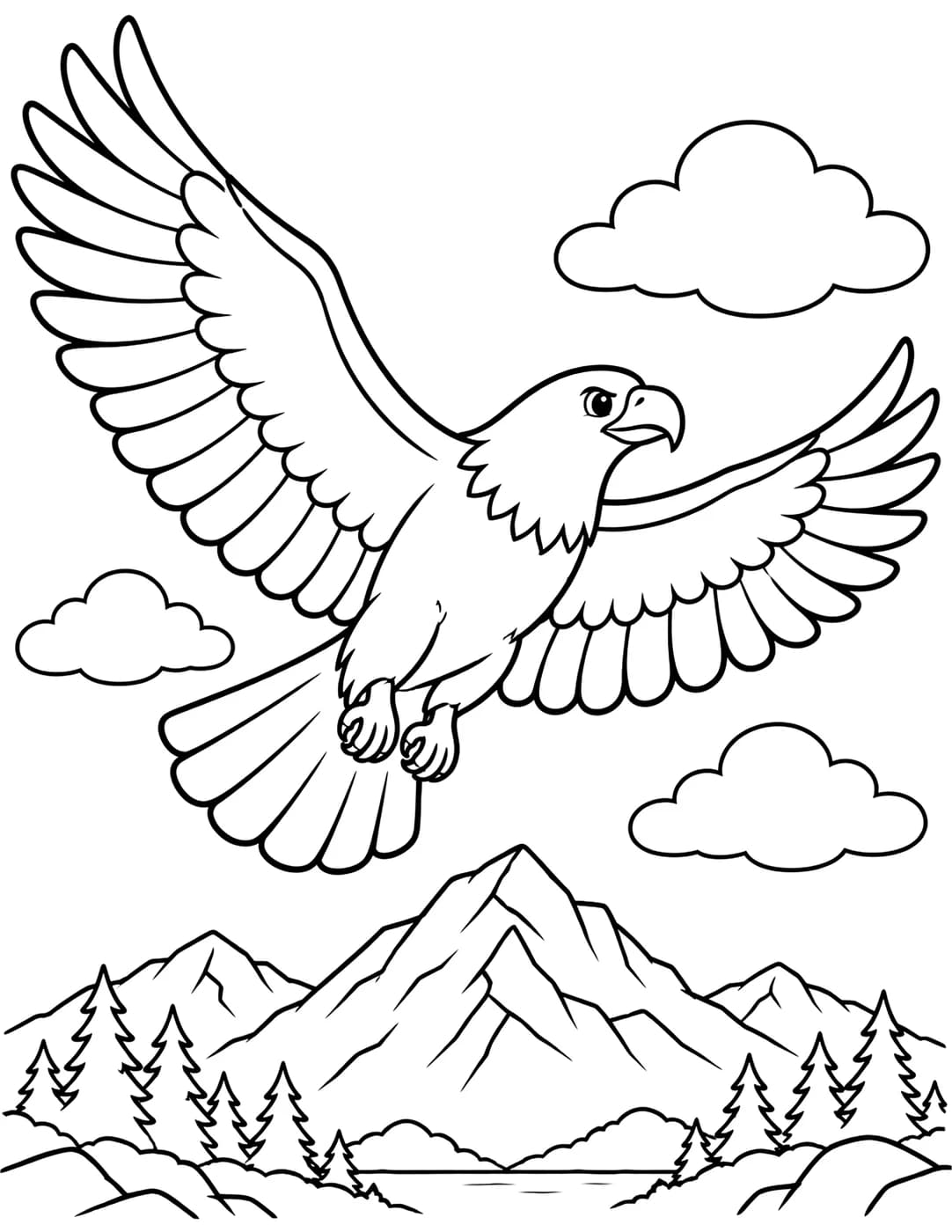 Line art of an eagle soaring with wings spread over distant mountains