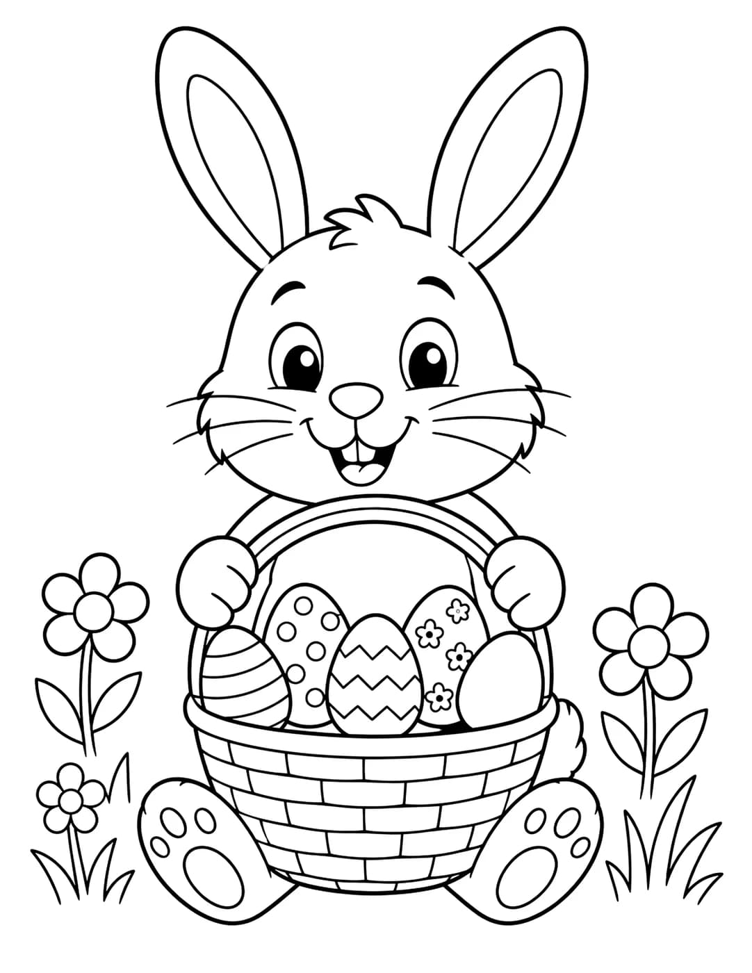 Line art of a bunny holding a basket of decorated Easter eggs