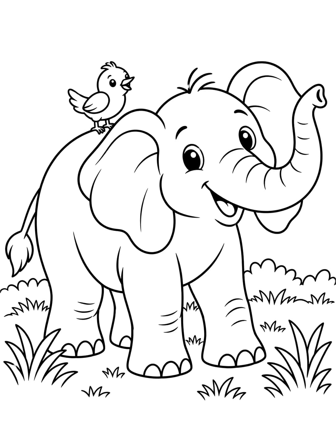 Line art of an elephant with a raised trunk and a small bird on its back