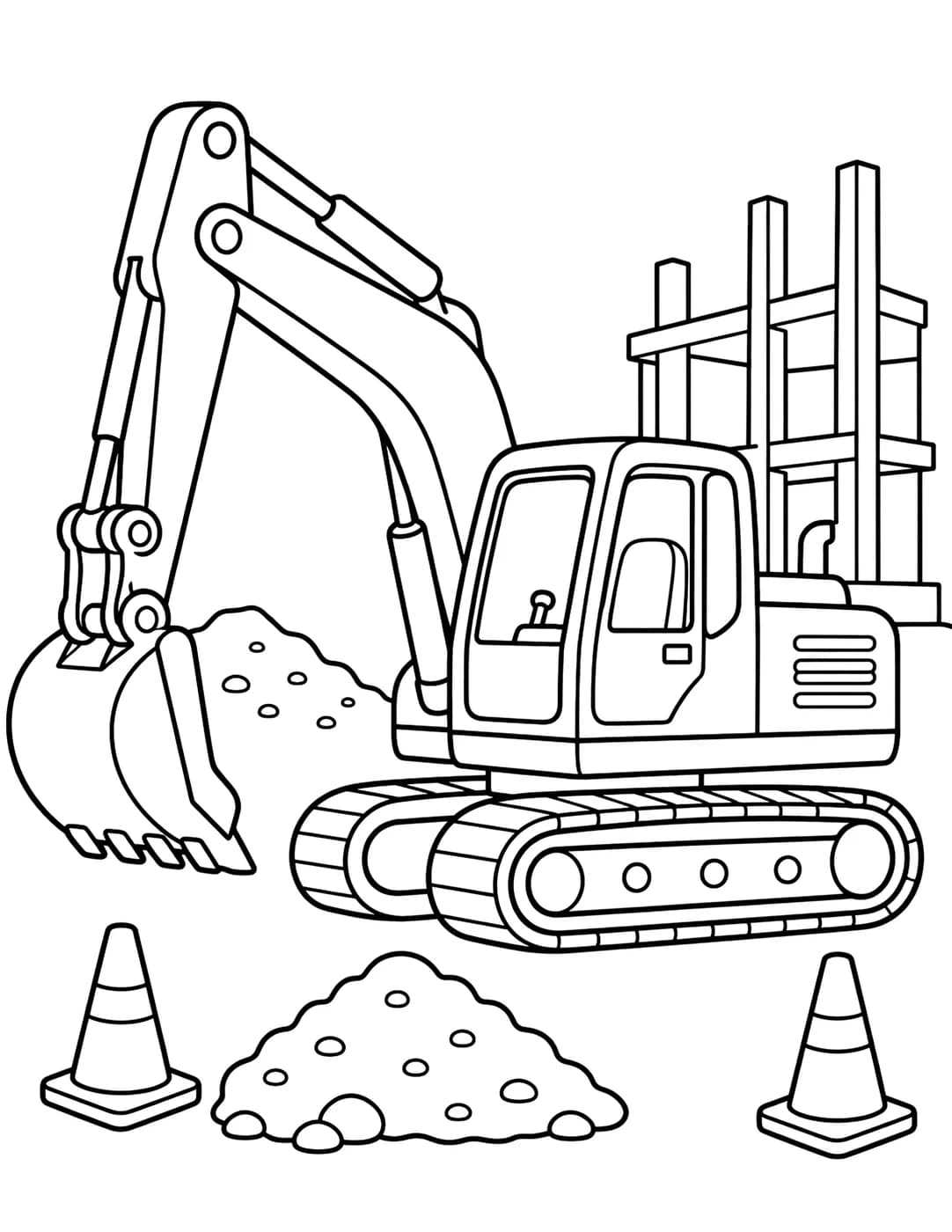 Line art of an excavator digging at a construction site, with traffic cones and a building frame