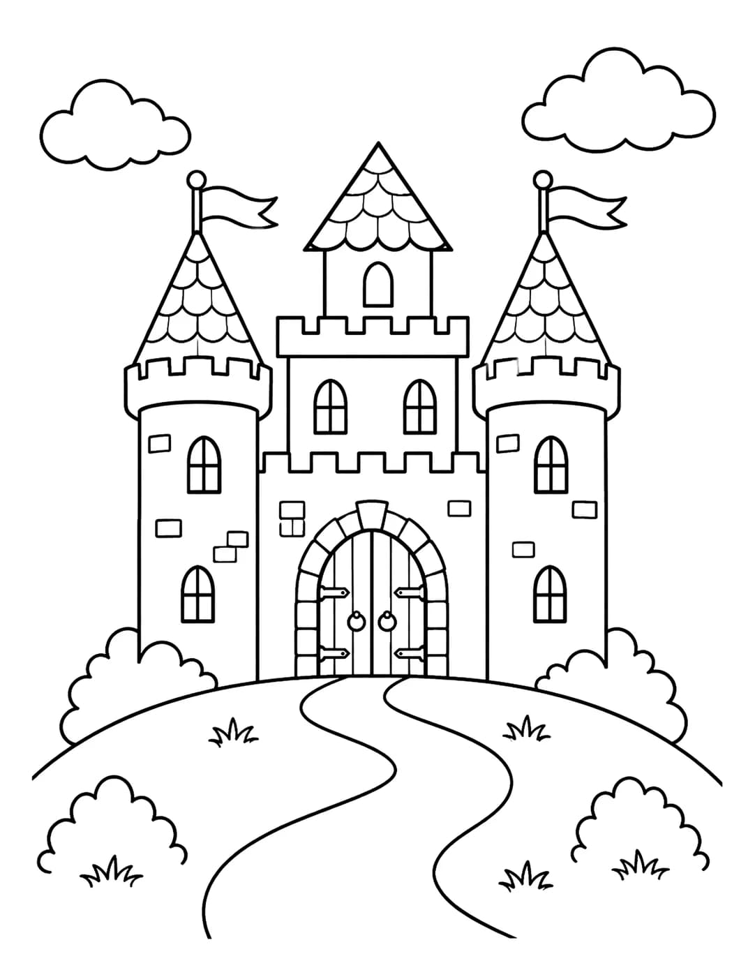 Line art of a fairy-tale castle with turrets and flags on a hill
