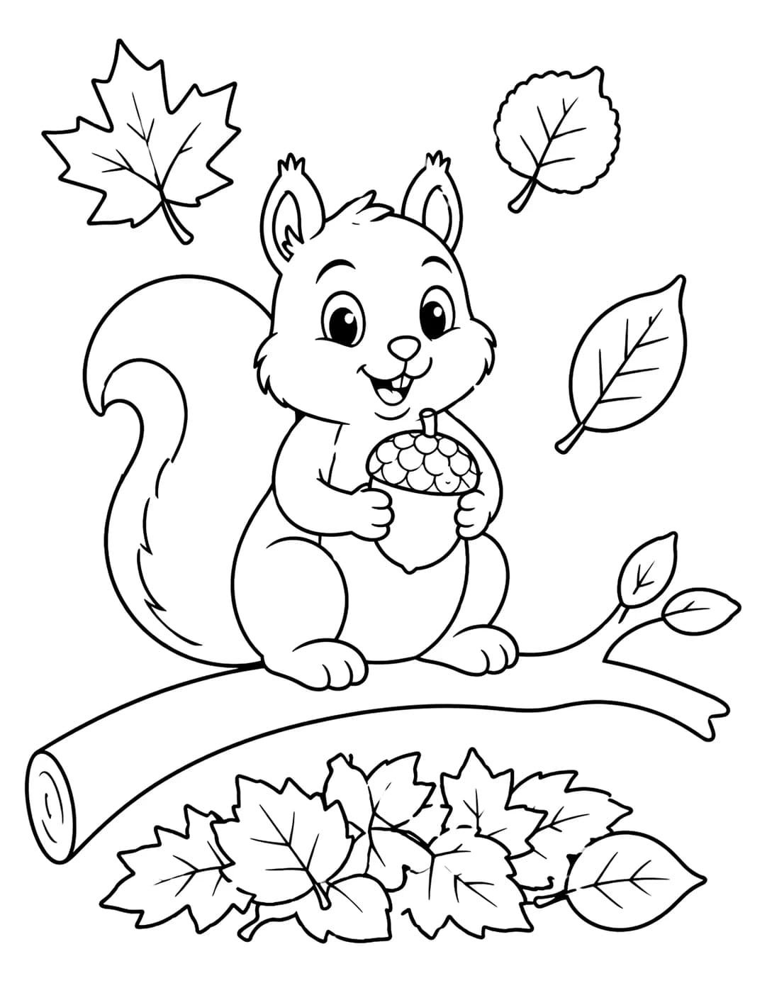 Line art of a squirrel with an acorn among falling autumn leaves