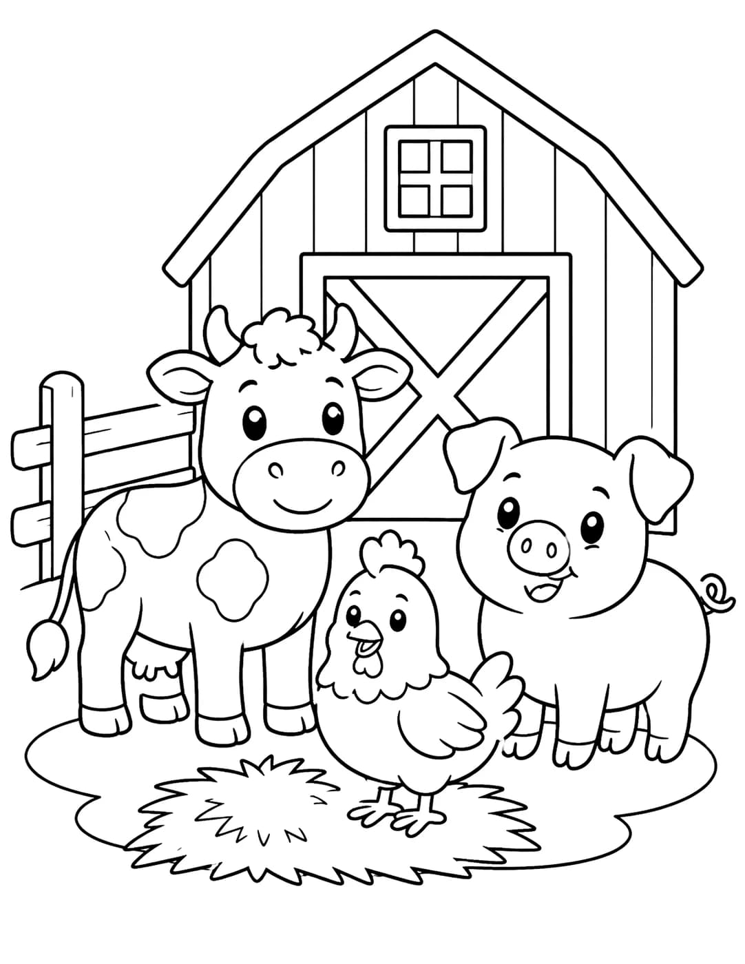 Line art of a cow, pig, and chicken standing in front of a barn