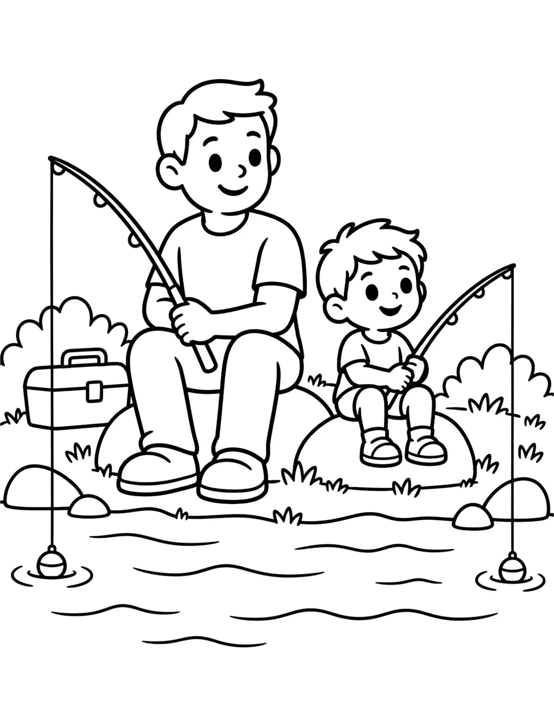 Line art of a father and child fishing together by a river
