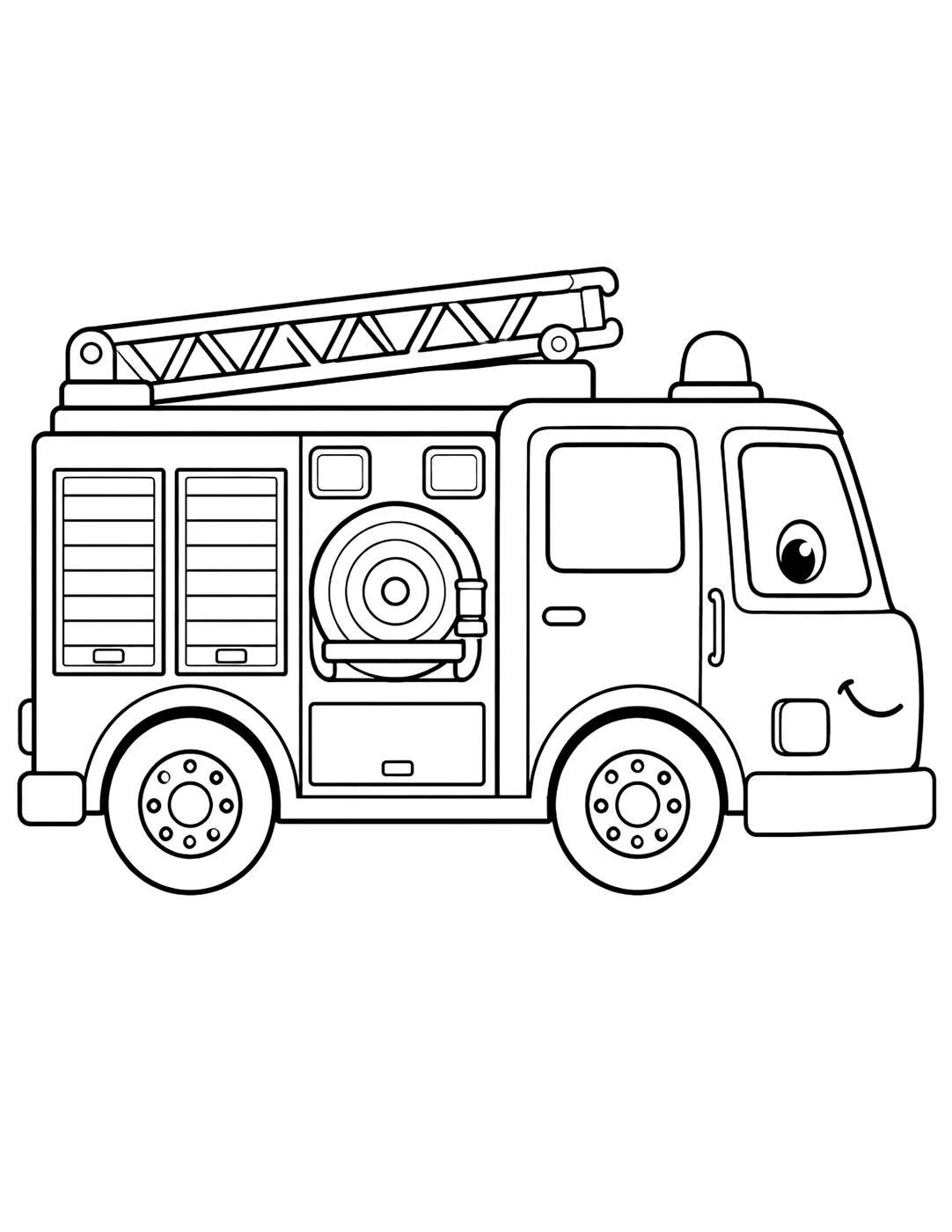 Line art of a fire truck with a ladder and a warning light