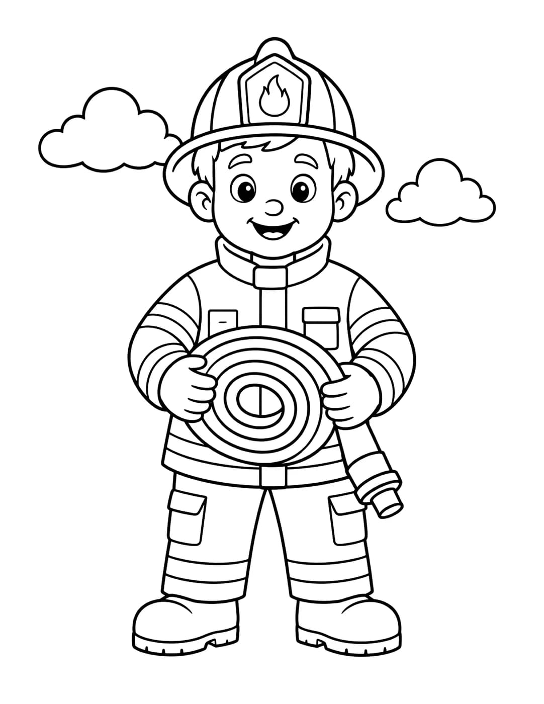 Line art of a friendly firefighter in uniform holding a fire hose