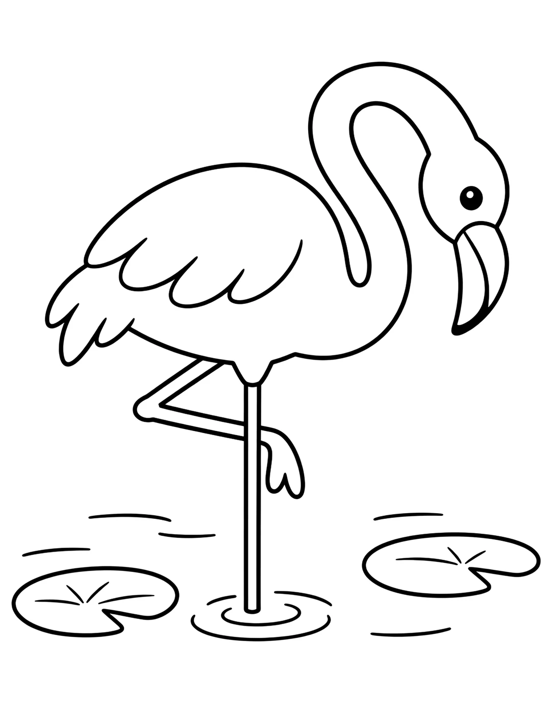 Line art of a flamingo standing on one leg in a lake