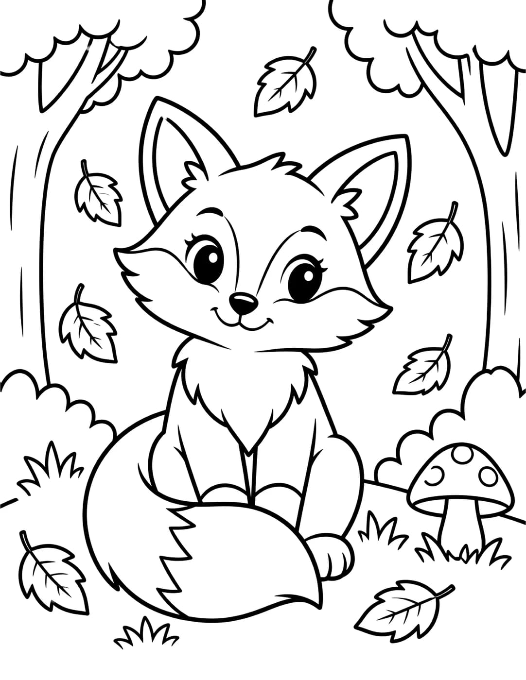 Line art of a fox sitting in an autumn forest surrounded by falling leaves