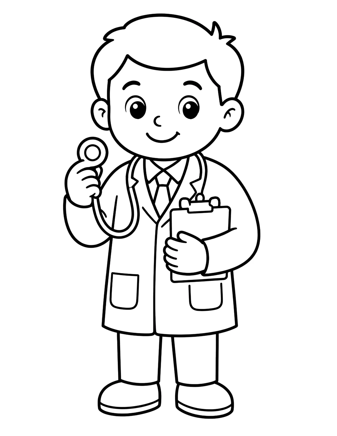 Line art of a friendly doctor in a white coat holding a stethoscope