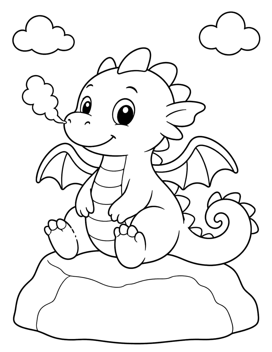 Line art of a small friendly dragon sitting on a rock