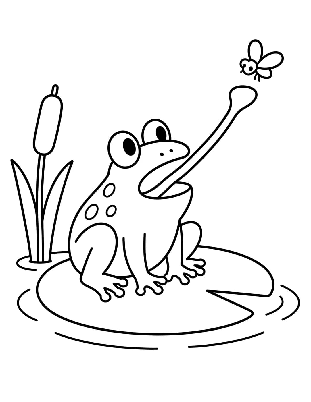 Line art of a frog on a lily pad catching a fly with its tongue