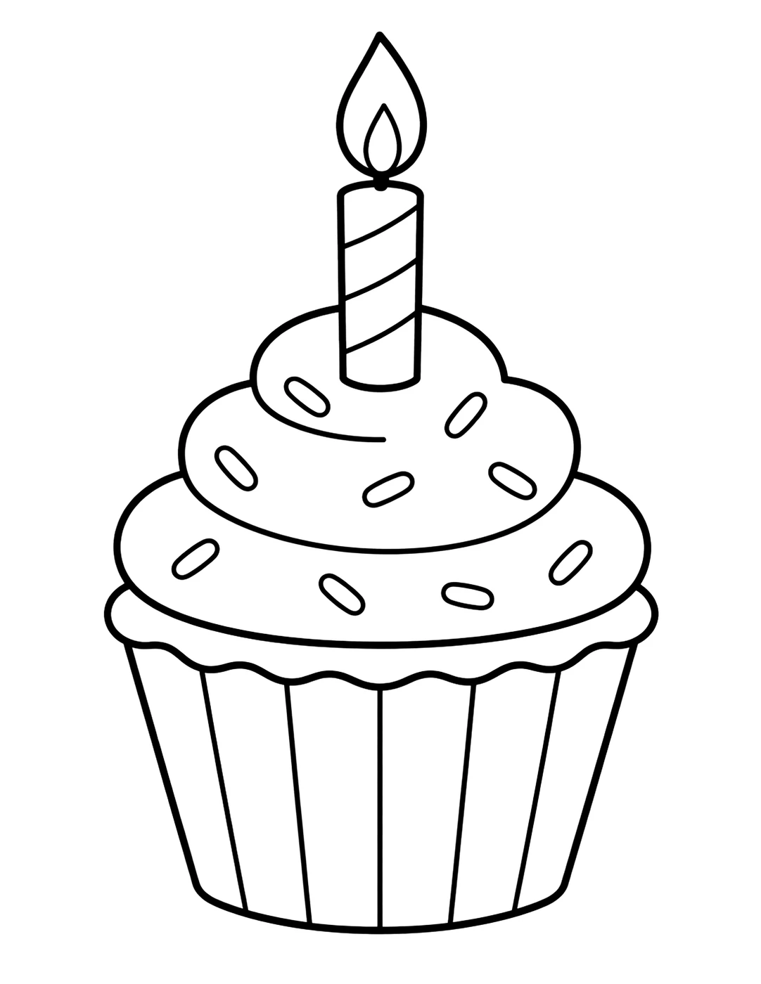 Line art of a frosted cupcake with sprinkles and a lit candle