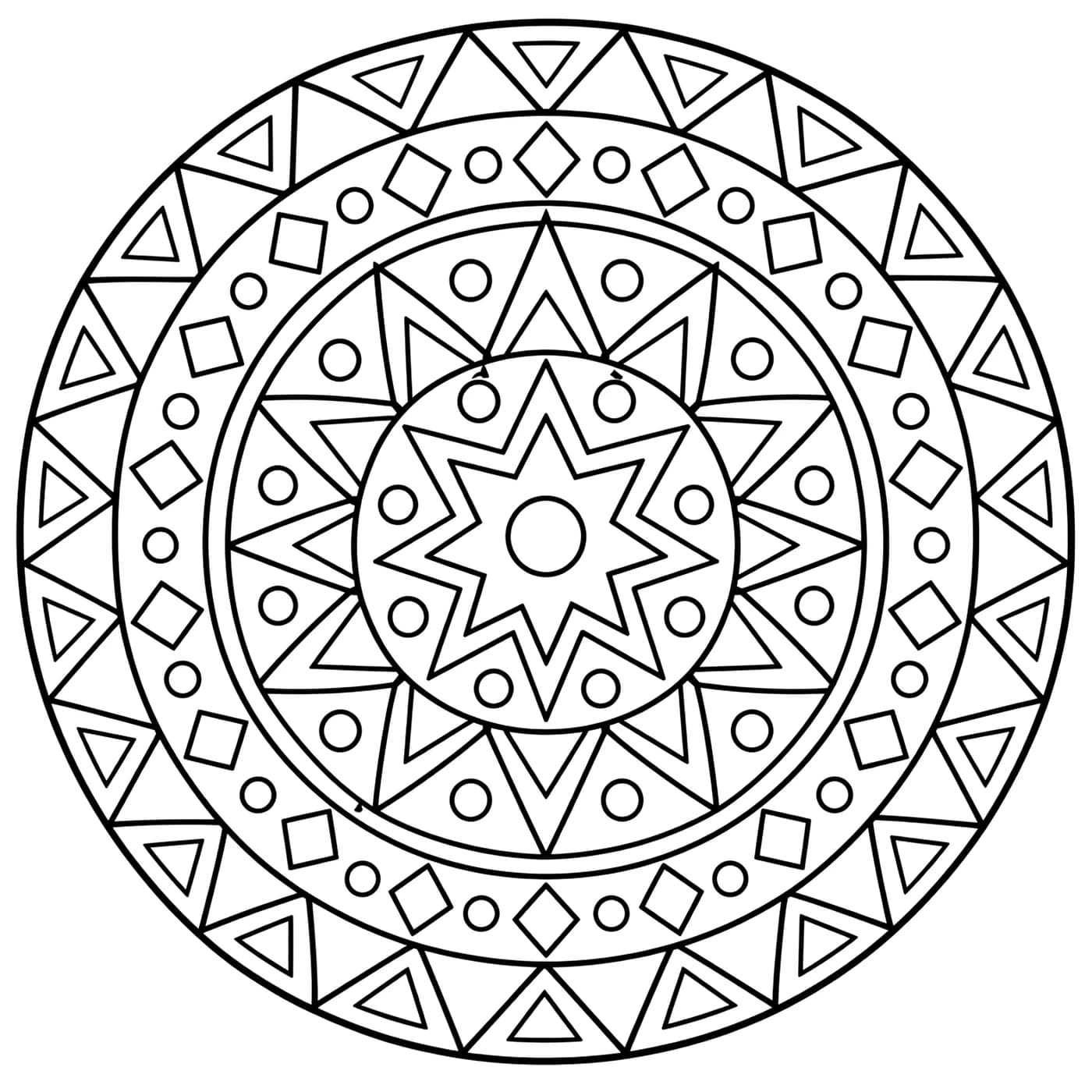 Line art of a symmetrical geometric mandala with concentric rings of triangles and diamonds