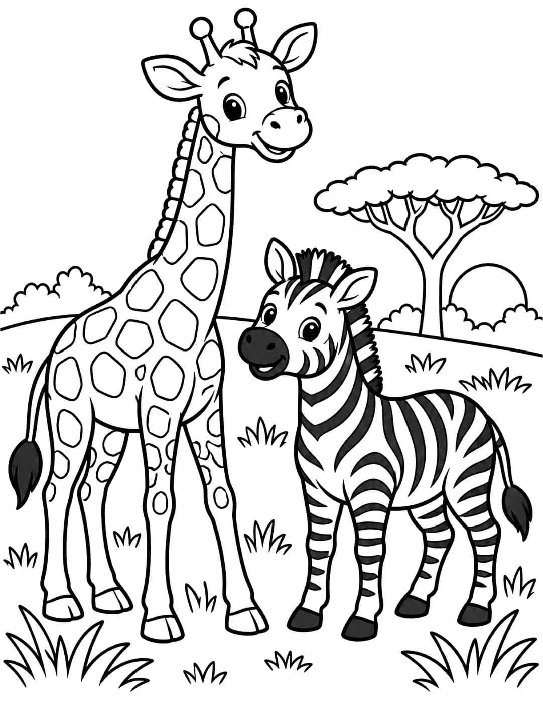 Line art of a giraffe and a zebra standing together on the savanna