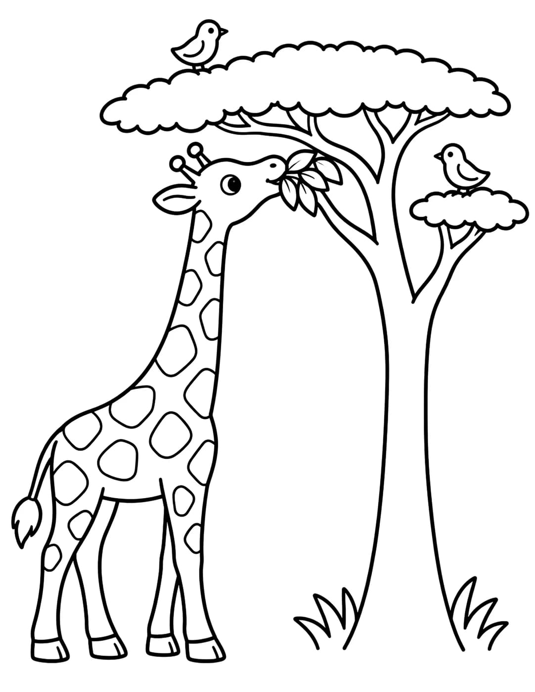 Line art of a giraffe eating leaves from a tall tree