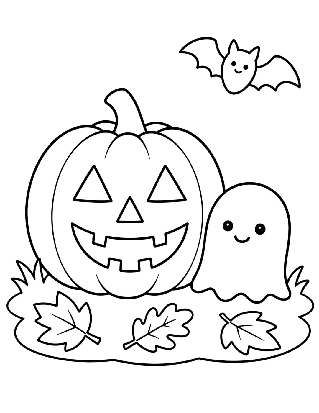 Line art of a smiling jack-o'-lantern pumpkin with a friendly ghost and a bat